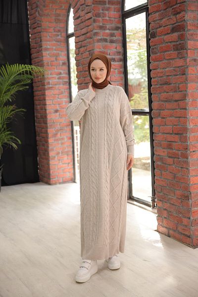 Nissra Ankanoor Beige Twisted, Πλεκτό Φόρεμα με Διαμαντένιο Σχέδιο Oversize Anka 257010