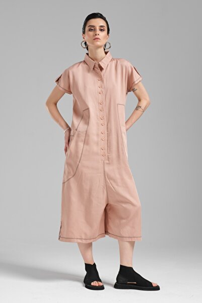 tw3 Women's Woven Fabric Short Sleeve Comfortable Fit Jumpsuit Salopet