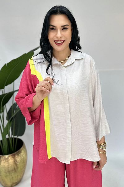 GÖKSEL Yellow Striped Linen Shirt Bluz Big Size