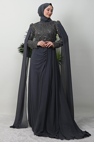 GİYZAMİLA Βραδινό φόρεμα με σκούρο γκρι μουντέχα χιτζάμπ