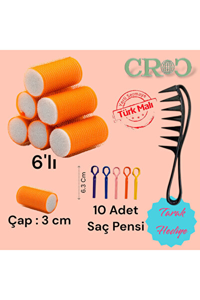 Croc 1224 Turuncu 6Lı Bigudi Çap:3Cm (+10Lu Saç Pensi) Cırtlı Saç Bigudisi