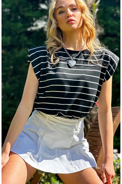 MaSoMi Black Padded Striped T-Shirt