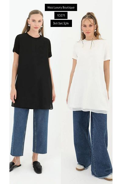 Nisa Luxury Boutique 10271 Puane Black and White Double Set Half Sleeve Chiffon Detail Underwear Tunic