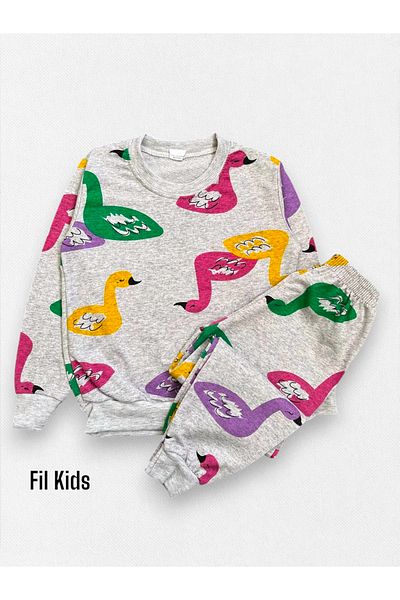 Fil Kids Κοριτσίστικο 100% βαμβακερό γκρι μοτίβο κύκνου με μακρυμάνικο σετ εποχιακής πιτζάμες