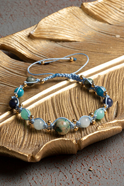 ÇAKRA DOĞAL TAŞ Sertifikalı Doğal Krizokol, Akuamarin, Lapis, Apatit, Hematit ve Amazonit Taşı Bileklik