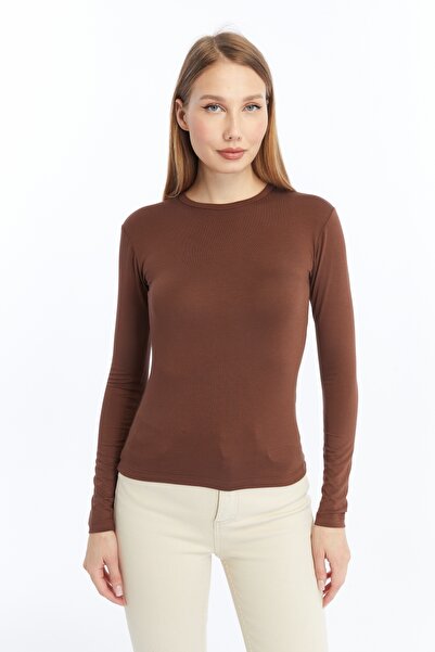 LAENT Дамска кафява блуза с дълъг ръкав и обло деколте