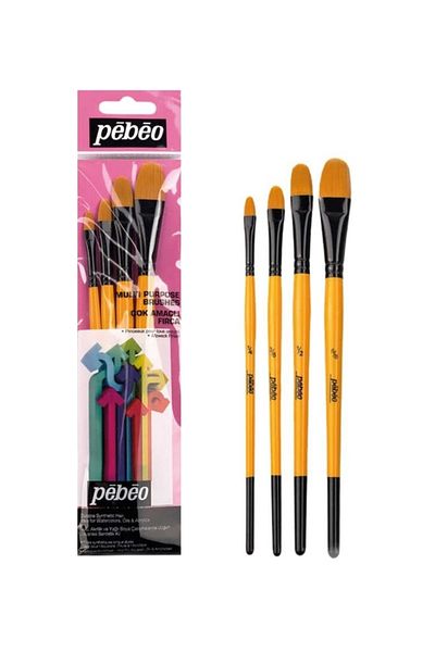 Pebeo Multi-Purpose Cat Tongue 4 Brush Set Set11 Synthetic Bristle Suitable for Water-Based Acrylic and Oil Painting