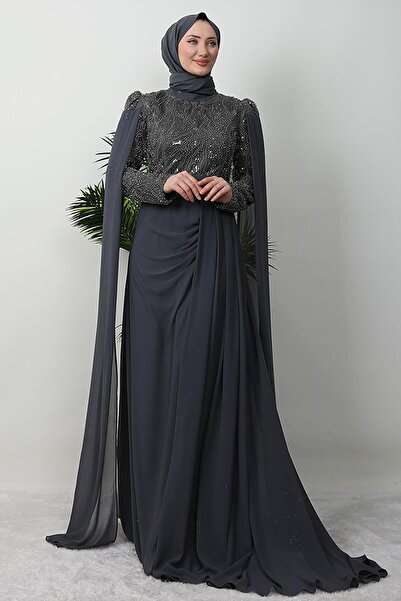 GİYZAMİLA Βραδινό φόρεμα με σκούρο γκρι μουντέχα χιτζάμπ