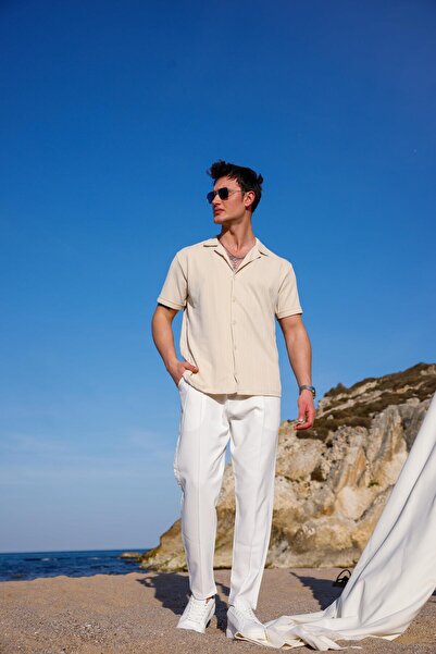 Pobudo Men's Beige Color Knitted Rug Pattern Short Sleeve Shirt