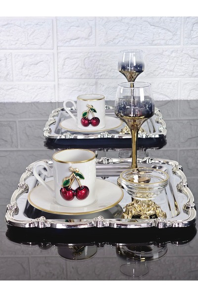 atabey home collection 6 Pcs Presentation Tray & Coffee & Tea Tray - Silver Tray Cast Silver Rose Framed