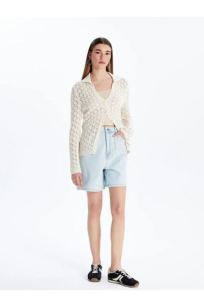 LC Waikiki Xside Beige Polo Neck Openwork Women's Knitwear Cardigan