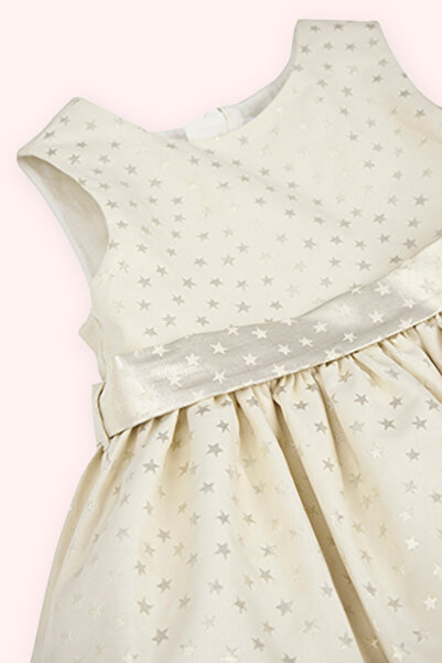 Panço Kız Bebek Yıldız Desenli Bej Parti Elbisesi