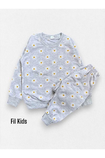 Fil Kids Girl's 100% Cotton Gray Daisy Patterned Long Sleeve Seasonal Pajama Set