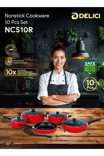 DELICI DELICI 10-Piece Nonstick Cookware Set, Glass Lids 10X Tougher Coating Saucepan Wokpan Frypan Milkpan