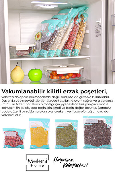 Meleni Home 10'lu Vakumlu Gıda Saklama Torbası - Hava Almaz Kilitli Şeffaf Poşet Vakumlu Poşet
