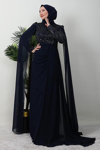 GİYZAMİLA Rochie de seară modestă, albastru bleumarin