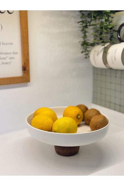 BUCOLIC Porcelain Bowl with Wooden Legs / Presentation Bowl Large