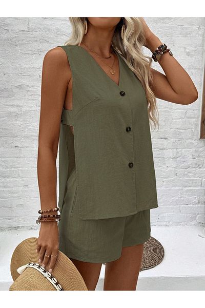 Toridas Linen Summer Low-Cut Tank Top Shorts Double Khaki Set