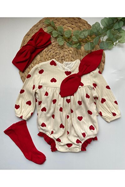 Butik Kız Bebek Büyük Kalpli Bandanalı Çoraplı Romper