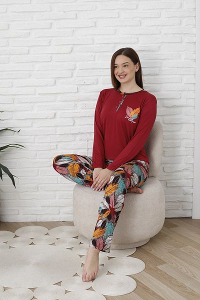 KAPİTEX Set de pijamale din bambus cu mâneci lungi, cu nasturi, cu model de frunze, de culoare burgundă