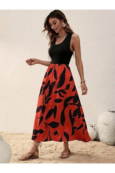 Kokosh moda Rochie lungă din jerseu cu imprimeu, cu bretele, cu gât rotund, cu fundul din viscoză