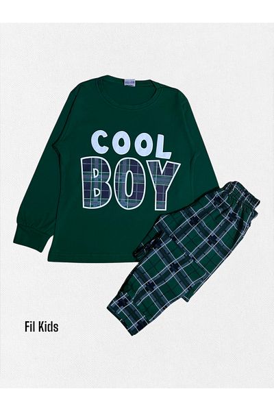 Fil Kids Boys' 100% Cotton Cool Boy Patterned Six Plaid Green Long Sleeve Seasonal Pajamas