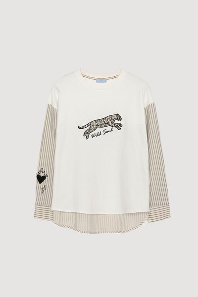 Quzu Leopard Printed Checked Sweatshirt Ecru Color