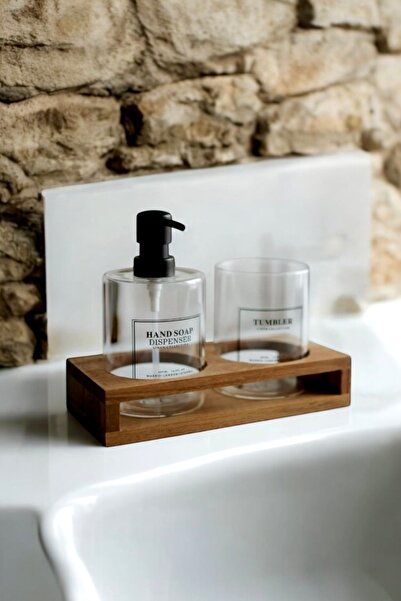 Genel Markalar 3 Parça Siyah Başlıklı Akasya Standlı Banyo Seti