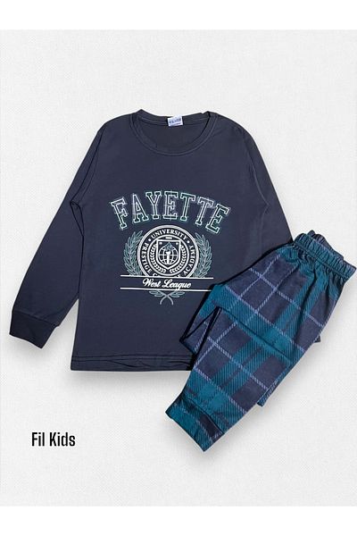 Fil Kids Men's & Children's 100% Cotton Torch Patterned Six-Plaid Anthracite Long Sleeve Seasonal Pajamas