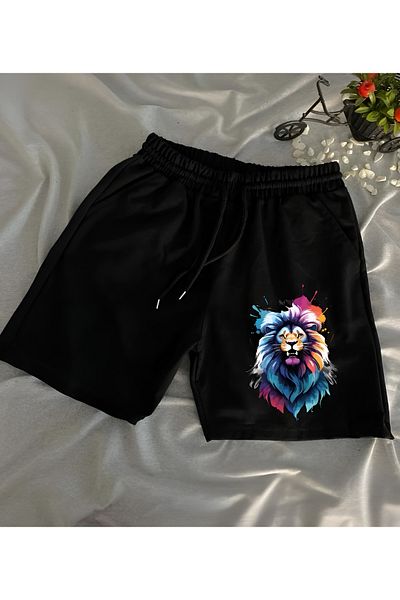 belean Unisex πολύχρωμο σορτς με στάμπα λιονταριού Lycra εύκαμπτο μονό ζέρσεϊ Χτενισμένο ύφασμα ανθεκτικό στον ιδρώτα