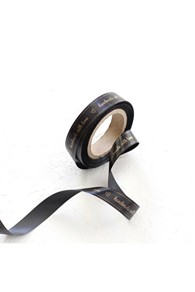 Bimotif Panglică din satin neagră imprimată manual cu dragoste, 1,5 cm 20 metri