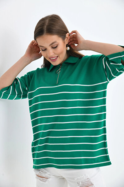 Park Karon Polo Yaka Fermuarlı Çizgili Uzun Triko Kazak