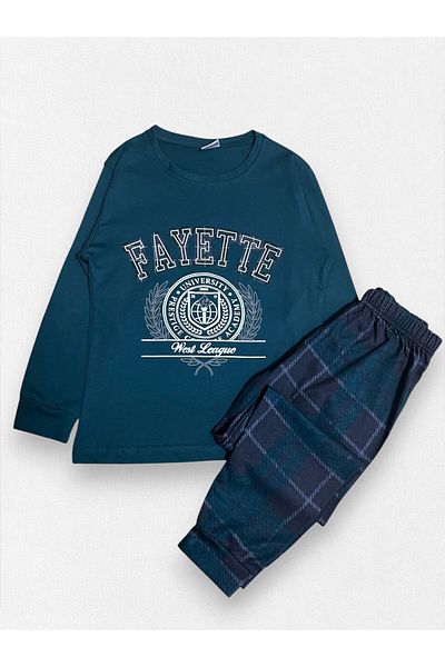 Fil Kids Men's Long Sleeve Green Torch Denim Bottom Plaid Pajamas Tak 100% Cotton