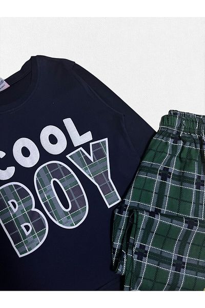 Fil Kids Boy's 100% Cotton Cool Boy Patterned Six Plaid Navy Blue Long Sleeve Seasonal Pajamas