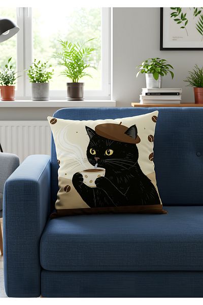 Viadela Καφέ που πινεί Cat Natural Digital Printed Throw Pillow