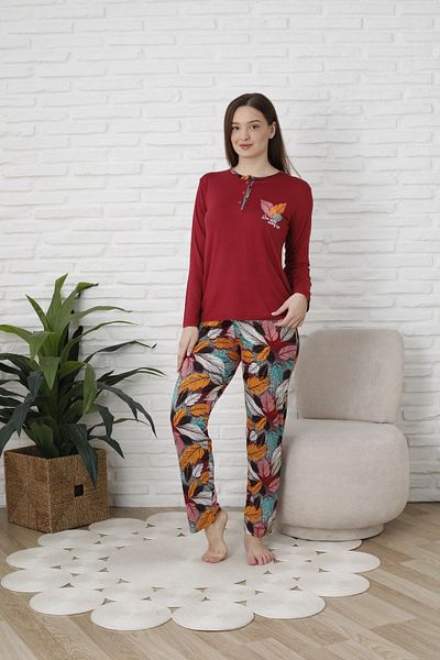 KAPİTEX Set de pijamale din bambus cu mâneci lungi, cu nasturi, cu model de frunze, de culoare burgundă