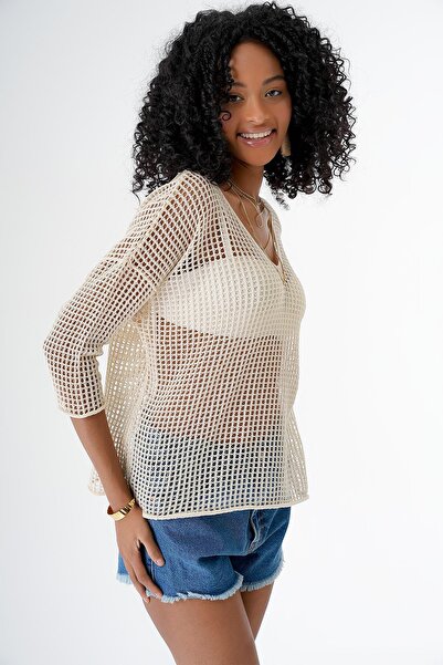 CHUBA Bluză de tricotaj transparentă ajurata cu decolteu în V pentru femei, vanilie 24s154