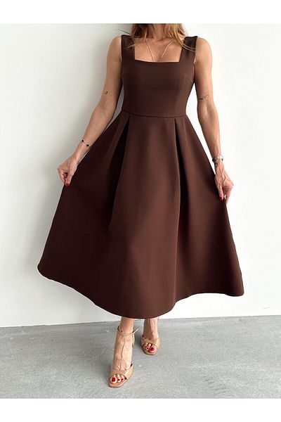 Maldia Shop Γυναικείο φόρεμα με λουράκι καφέ μπαλόνι