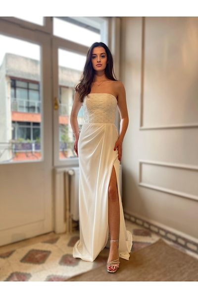 Seri Long Evening Dress with Beaded Top and Slit Detail