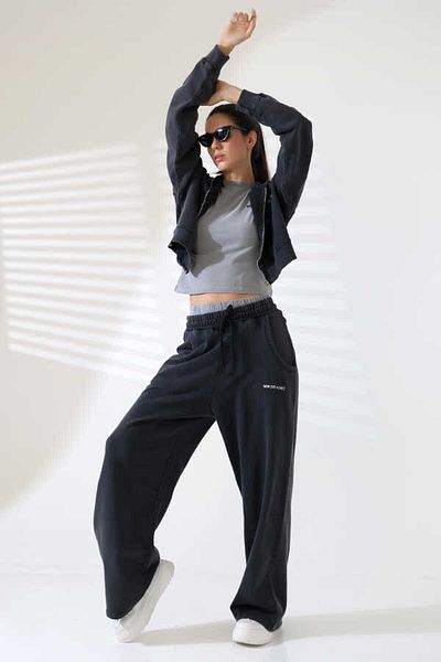 MOSRANİC Women's Soft Black Zippered Hooded Tracksuit Set Msc 2055