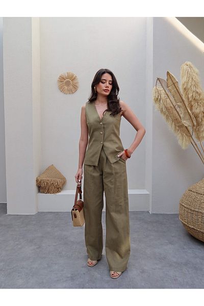 ESRAHELVACI Gold Button Detailed Linen Vest Trousers Set