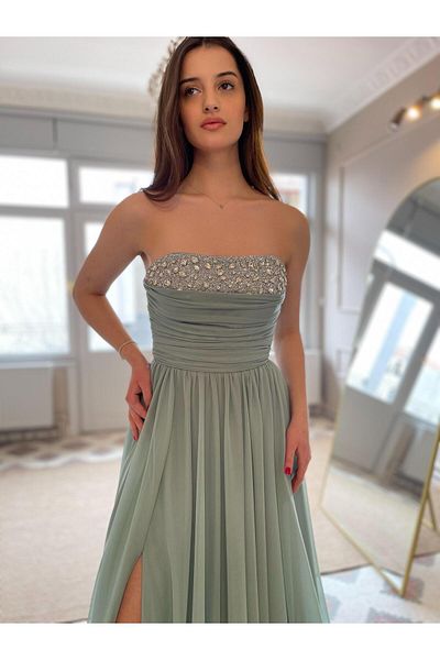 Seri Breast Stone Detailed Chiffon Tulle Long Slit Evening Dress