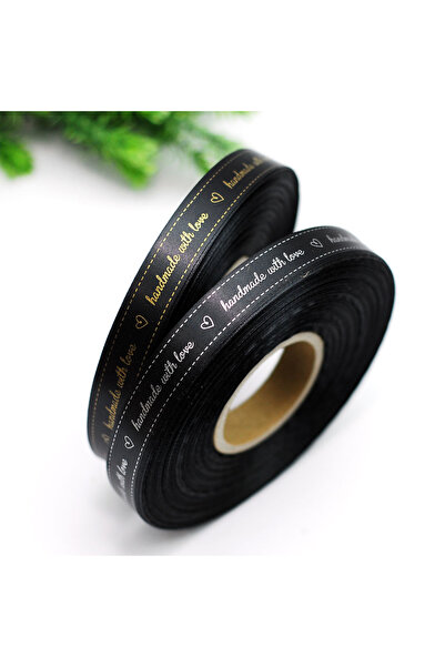 Bimotif Panglică din satin negru imprimat manual cu dragoste argintie, 1,5 cm 20 metri