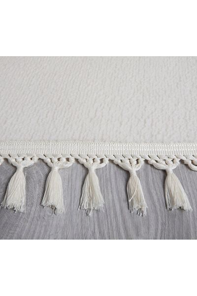 Myevilla Simirna Pompom Fringed Plush Washable Non-Slip Bath Mat 2-Piece Toilet Set Cream