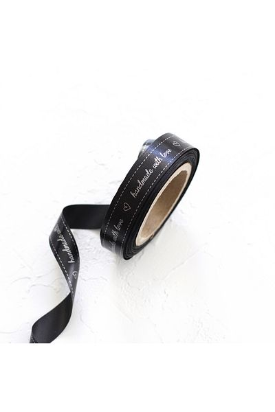 Bimotif Ασημί Handmade With Love Printed Μαύρη Σατέν Κορδέλα, 1,5 εκ. 20 μέτρα
