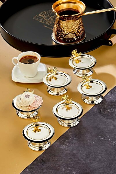 Turkco Decorative Metal 6-Piece Turkish Delight Bowl, Coffee Side Presentation Set - Butterfly Detail
