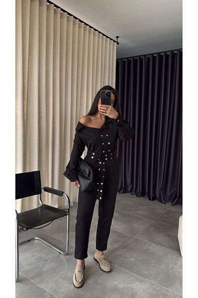 HARMONY GLOBAL Women's Black Gold Snap Fastener Shoulder Detailed Belted Design Jumpsuit 7255