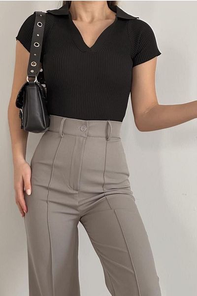 bayansepeti Mink Knitwear Fabric V-Neck Short Sleeve Blouse 0271