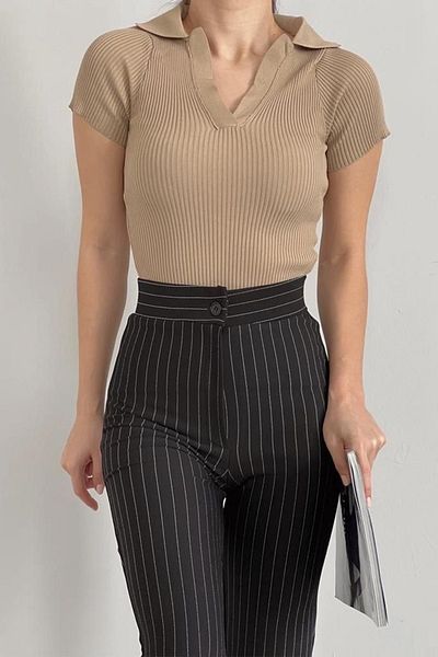 lovebox Women's Stretchy Knitwear Fabric V-Neck Short Sleeve Basic Mink Blouse 0271