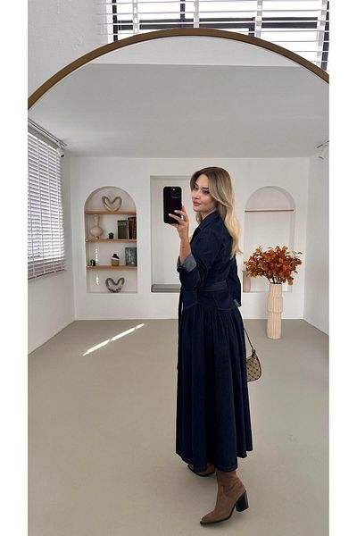 Sezgi Tekin Rochie maxi din denim cu guler dublu bleumarin cu centura